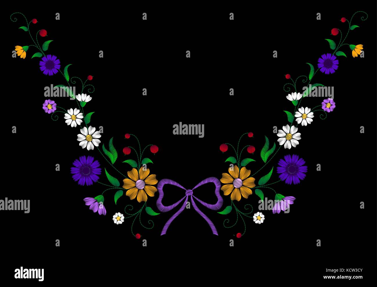Embroidery flower necklace traditional ornament decoration field rustic cornflowers daisy marigold strawberries butterfly design vector illustration v Stock Vector