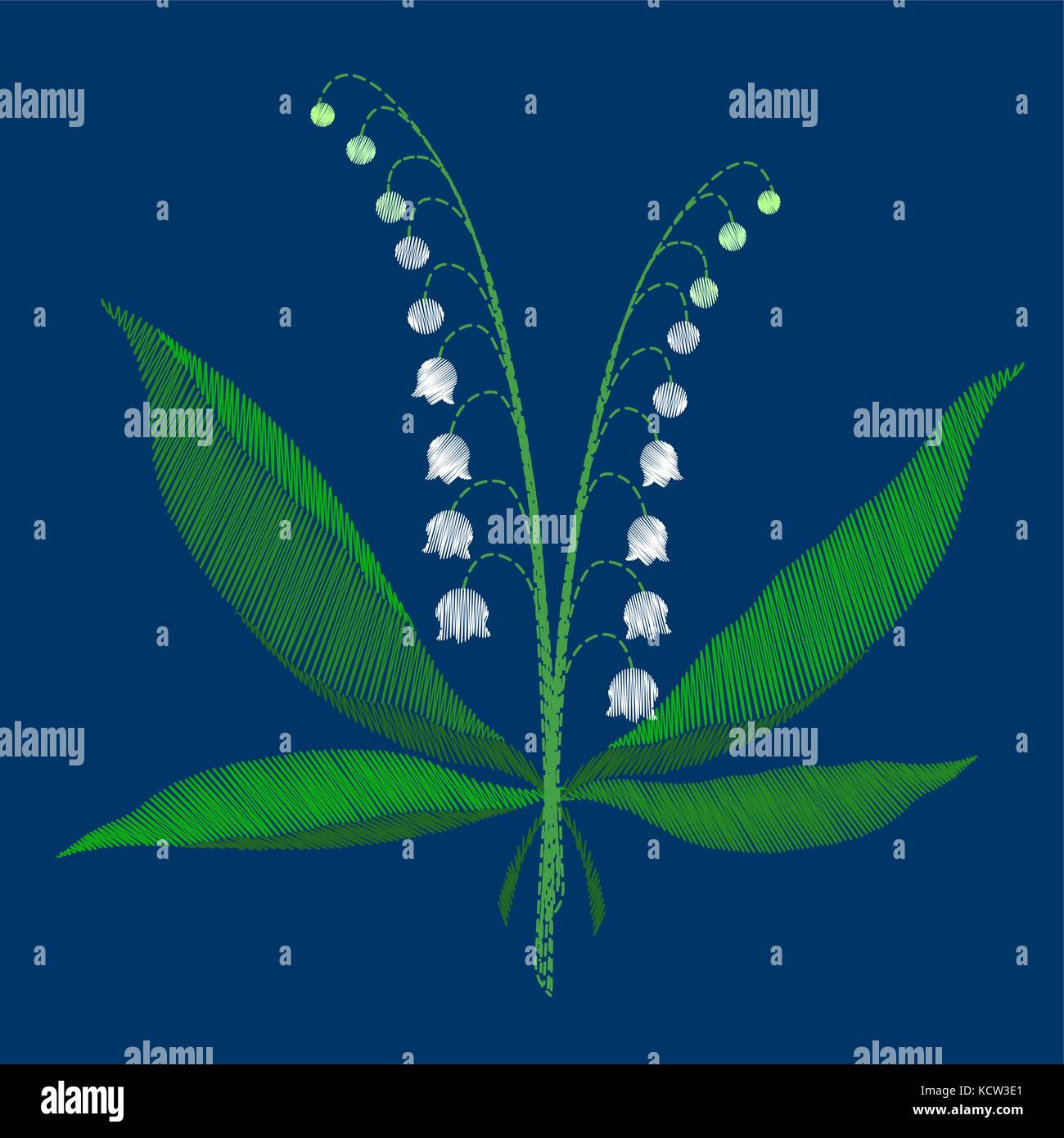The composition of white lilies of the valley green leaves of spring flowers beautiful embroidery on a blue background vector illustration Stock Vector