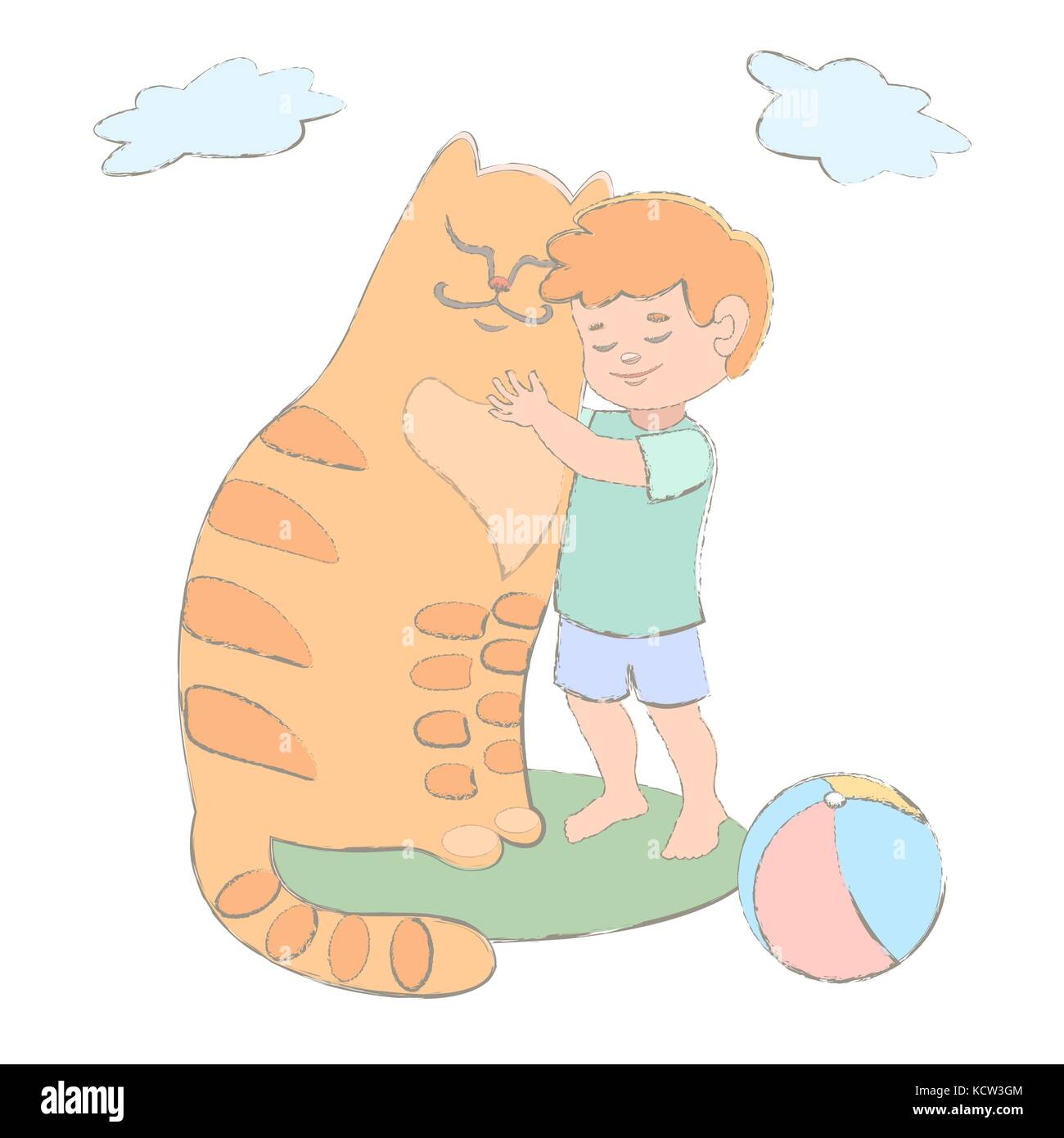 Red Boy and cat cuddling they are friends. blue sky. green meadow. favorite pets. vector illustration clouds Stock Vector