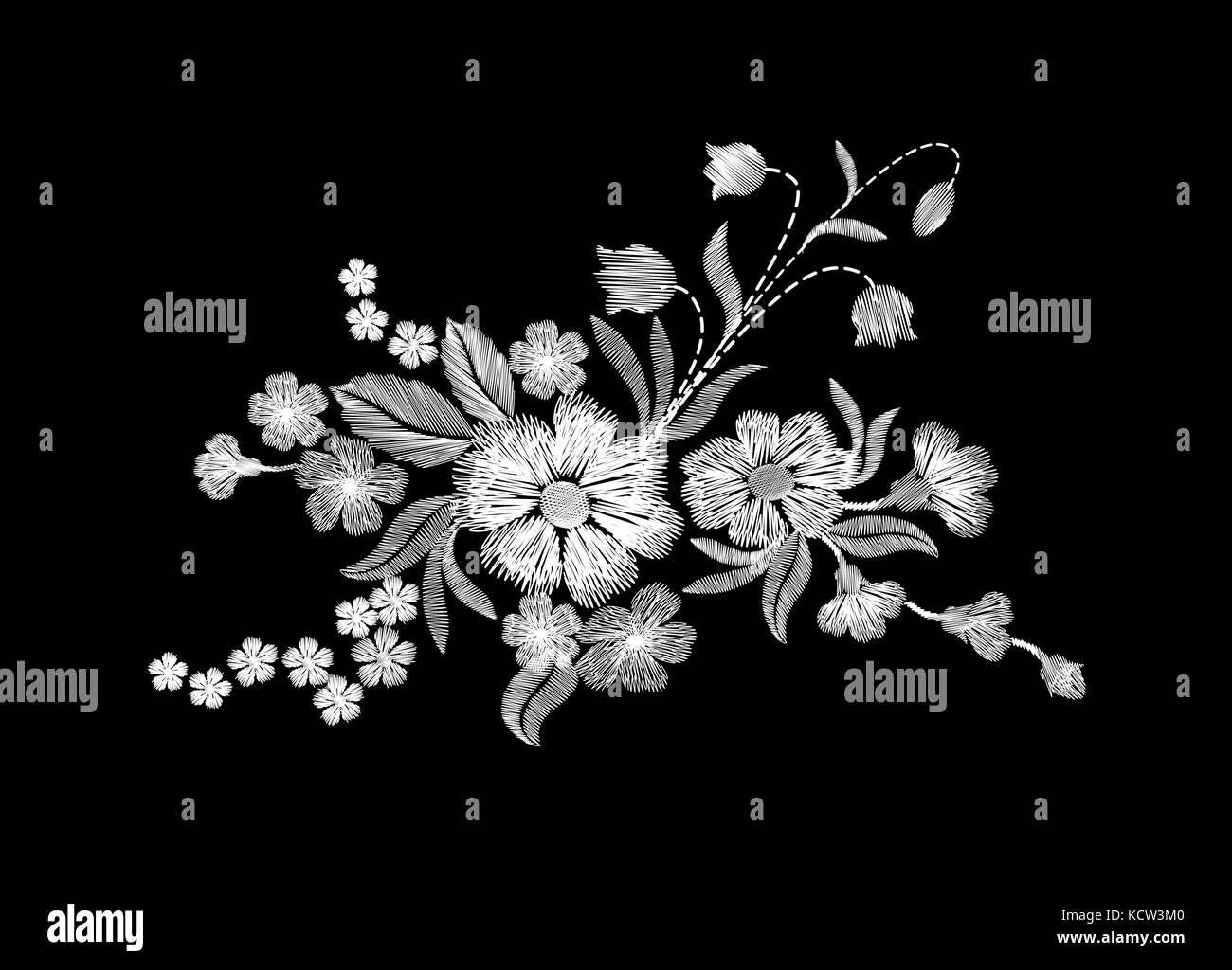 Embroidery white wild flowers on a black background. imitation lace. fashionable clothing decoration. traditional pattern. vector illustration Stock Vector