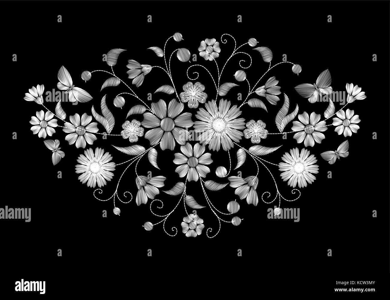 Embroidery white wild flowers on a black background. imitation lace. fashionable clothing decoration. traditional pattern. vector illustration Stock Vector