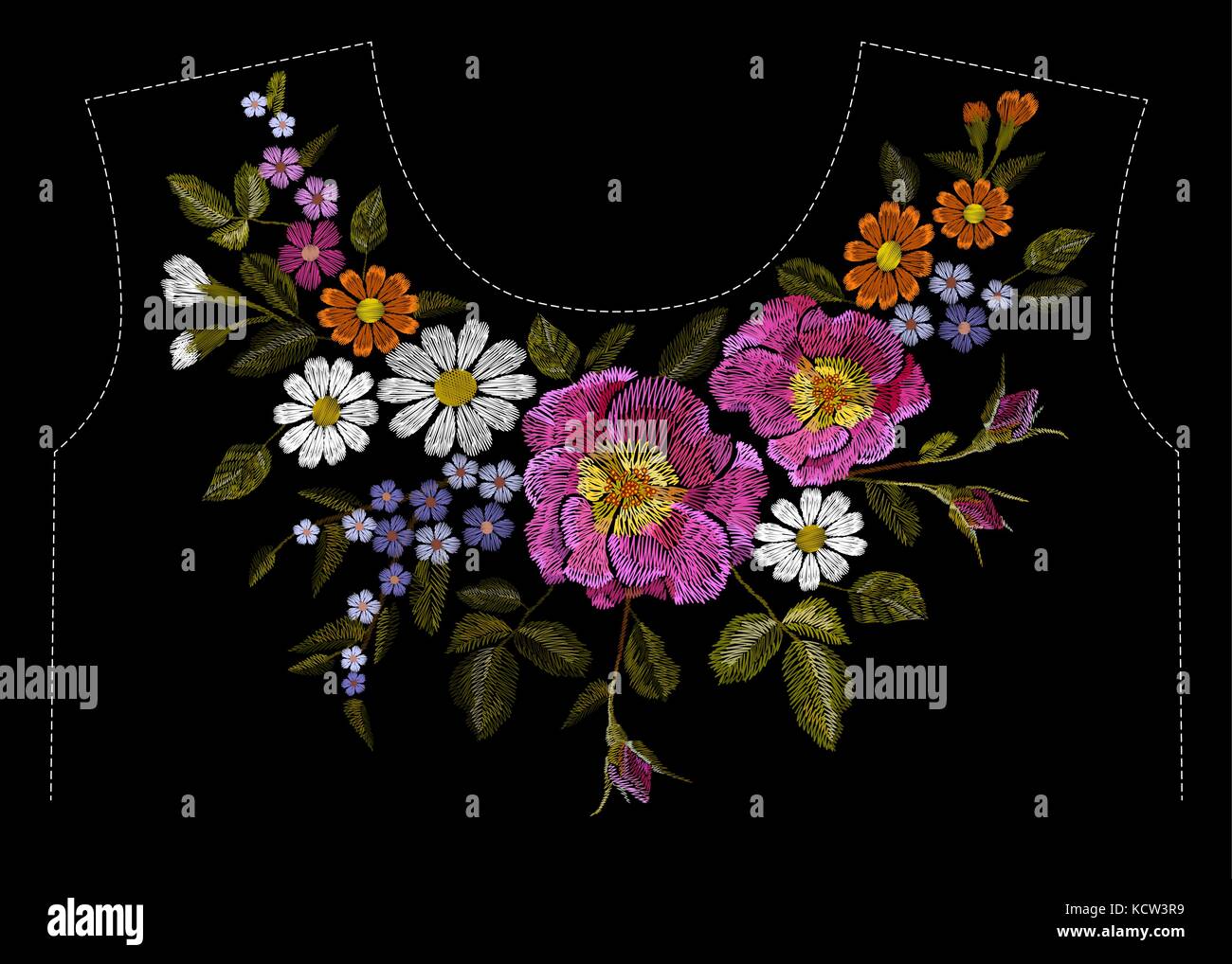 Embroidery colorful floral pattern with dog roses and forget me not flowers. Vector traditional folk fashion ornament on black background. illustratio Stock Vector
