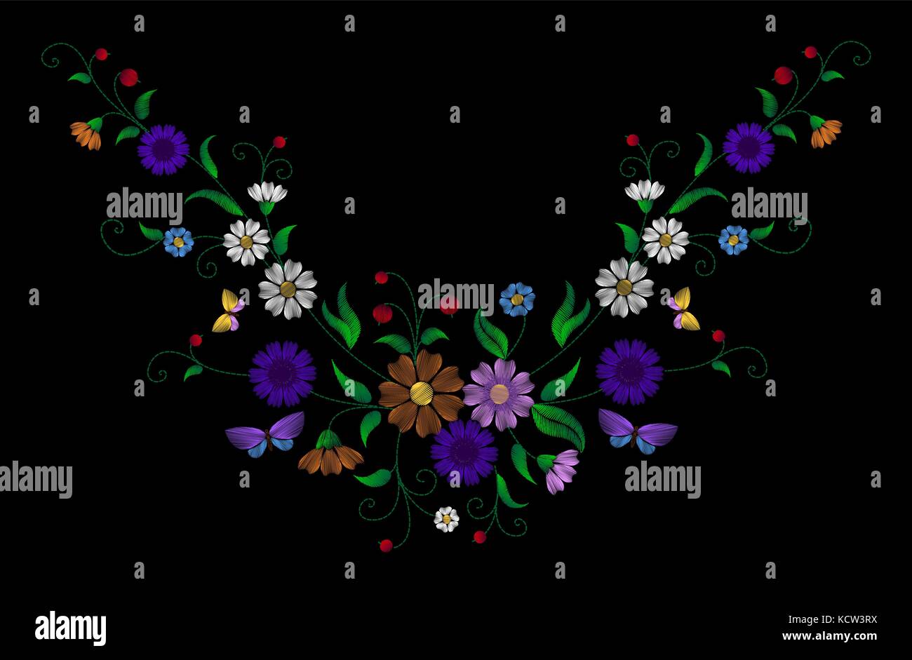 Embroidery colorful floral pattern with dog roses and forget me not flowers. Vector traditional folk fashion ornament on black background. illustratio Stock Vector