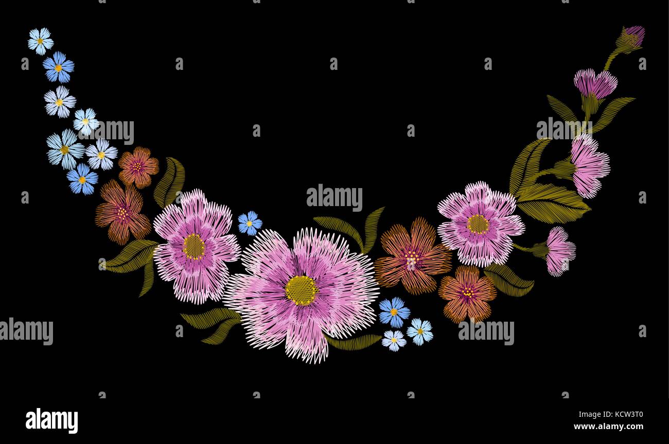 Embroidery gold floral pattern with dog roses and forget me not flowers. Vector traditional folk fashion ornament on black background. Stock Vector