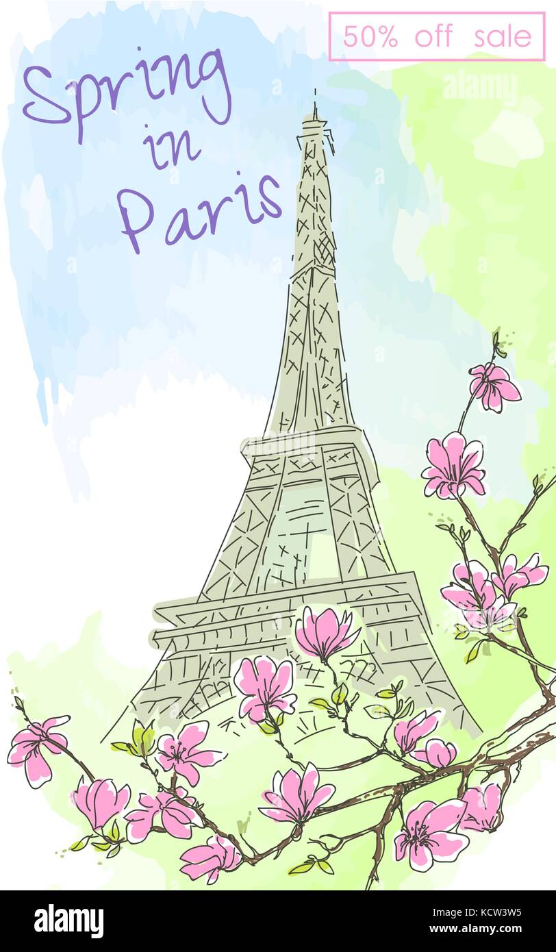 Vintage Postcard With A View Of The Eiffel Tower And Blossoming