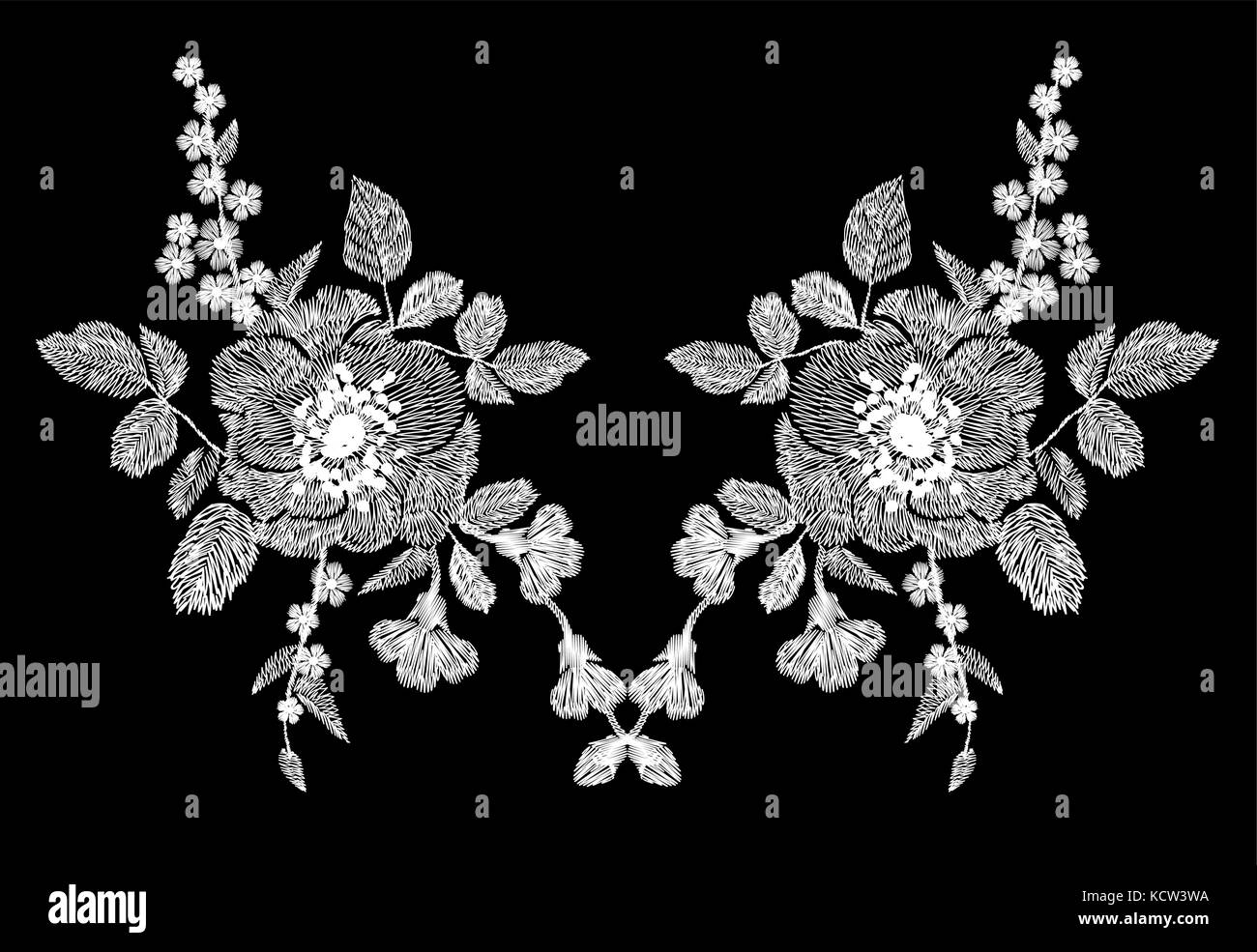 Embroidery white floral pattern with poppy and daisy flowers. Vector traditional folk fashion ornament on black background. illustration Stock Vector