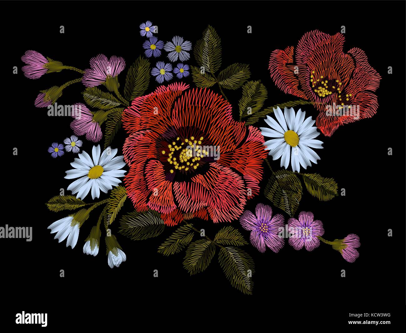 Embroidery colorful floral pattern with poppy and daisy flowers. Vector traditional folk fashion ornament on black background. illustration Stock Vector
