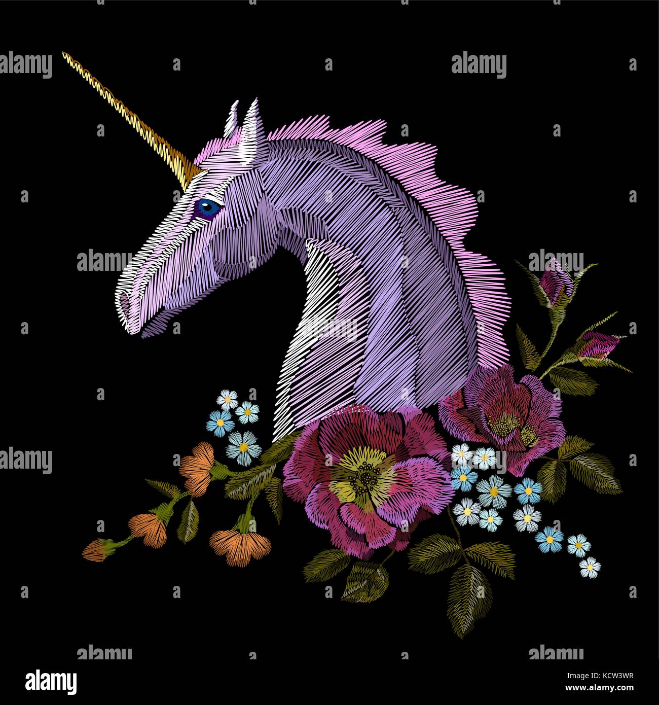 Embroidery colorful floral pattern with dog roses and forget me not flowers. unicorn Vector traditional folk fashion ornament on black background. myt Stock Vector