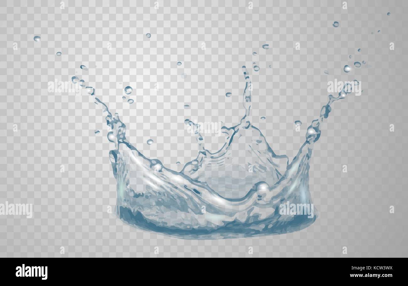 Transparent water splash in blue colors, isolated on transparent background. Scatter spray from falling into the water. Crown from splash of water. Tr Stock Vector