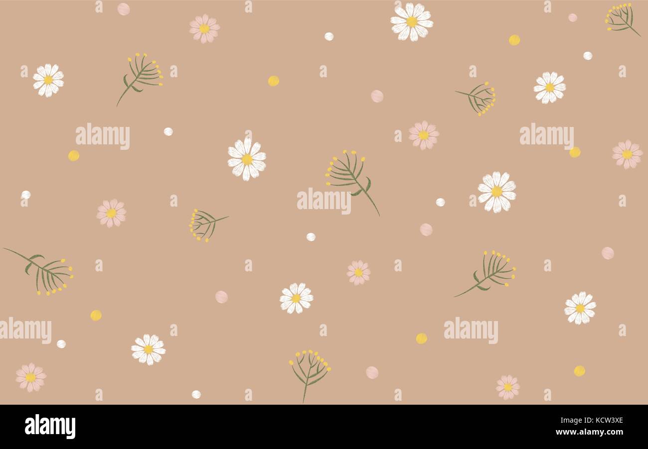 Delicate Trendy Seamless Floral Print Pattern Beige Chamomile Daisy Flower field vector illustration embroidery art Stock Vector