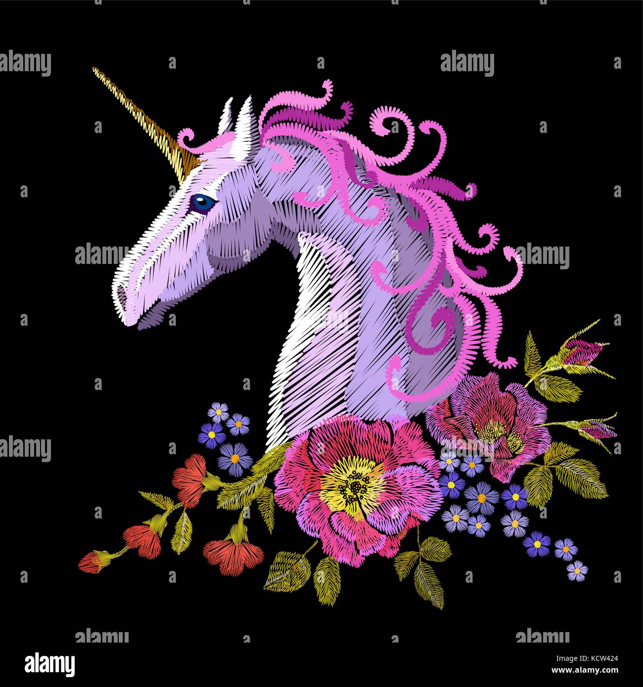 Fantasy unicorn embroidery patch sticker. Pink violet mane horse flower arrange poppy rose ornament. Cartoon badge magic vector illustration Stock Vector