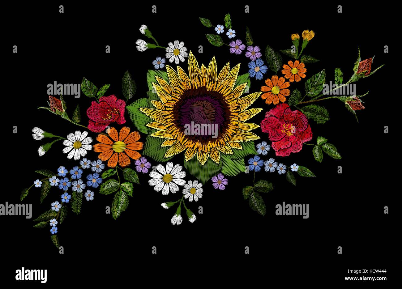 Embroidery flower bouquet sunflower dog rose briar daisy forget-me-not gerbera. Blooming field plant arrangement. Fashion patch stitch textile print on black background vector illustration Stock Vector