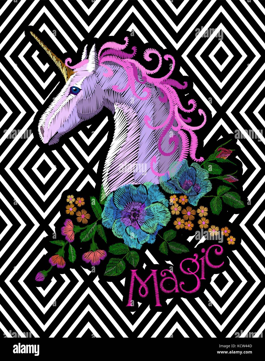 Fantasy unicorn embroidery patch sticker. Pink violet mane horse flower arrange poppy rose on geometric stripe background. Cartoon badge magic vector illustration Stock Vector