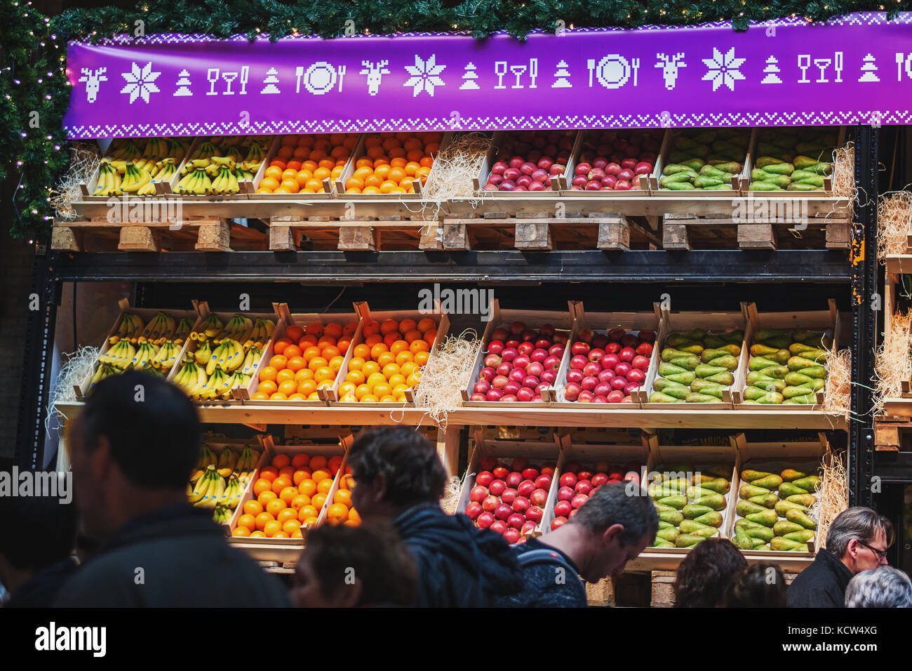Utrecht, Netherlands, December 9, 2016:  Different types of fruit in crates displayed on the food festival. Stock Photo