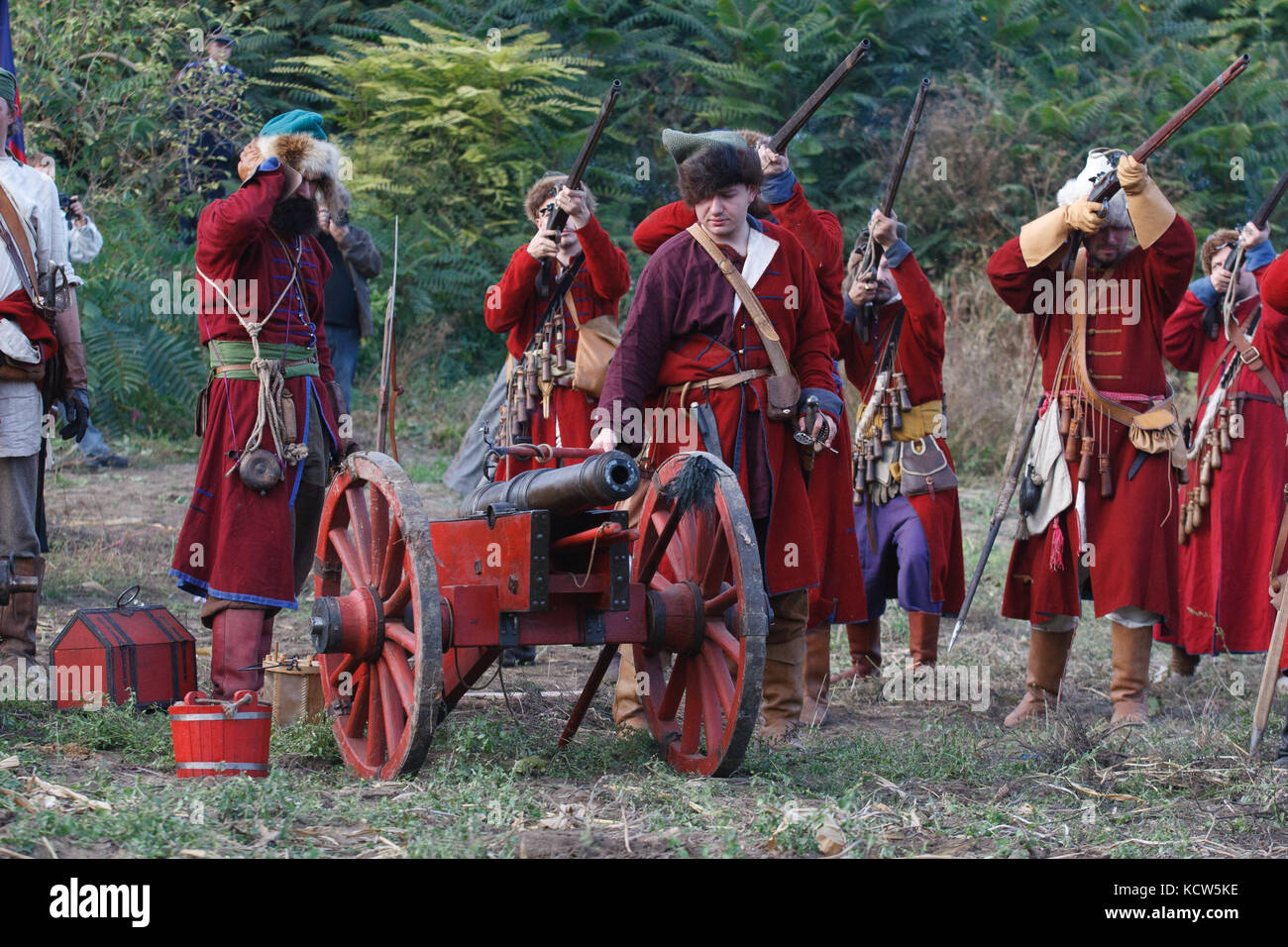 KAMYANETS-PODILSKY, UKRAINE - OCTOBER 3, 2009: Members of history club wear historical uniform 17 century during historical reenactment. Grand Duchy o Stock Photo