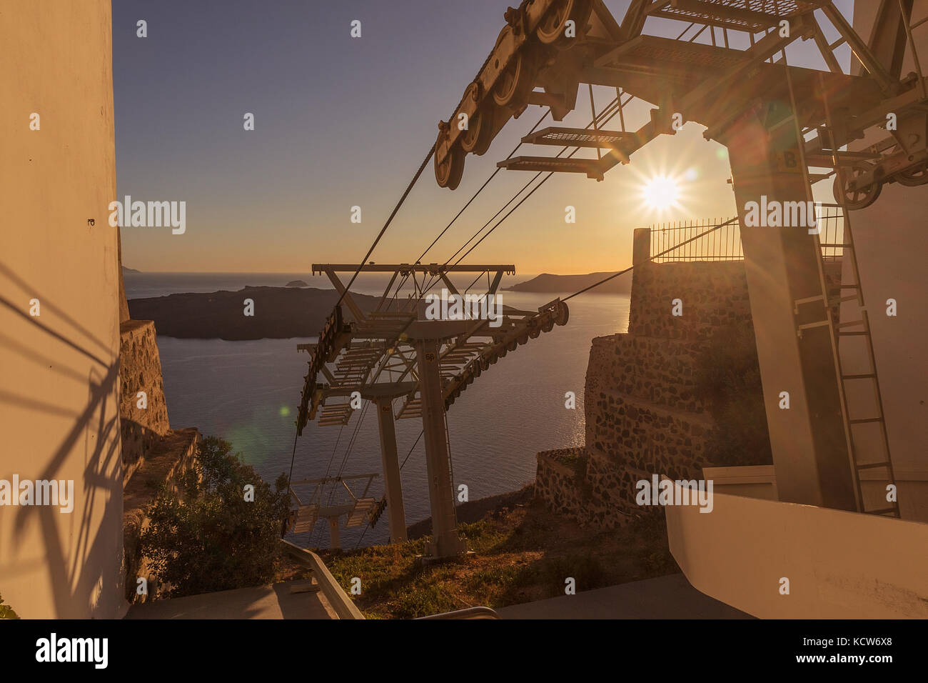 Fira cable car with sunset, Santorini, Greece Stock Photo Alamy