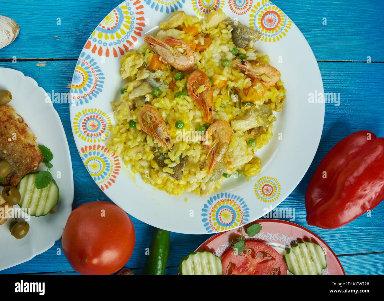 Mediterranean cuisine. Paella Valenciana with seafood , Top view Stock