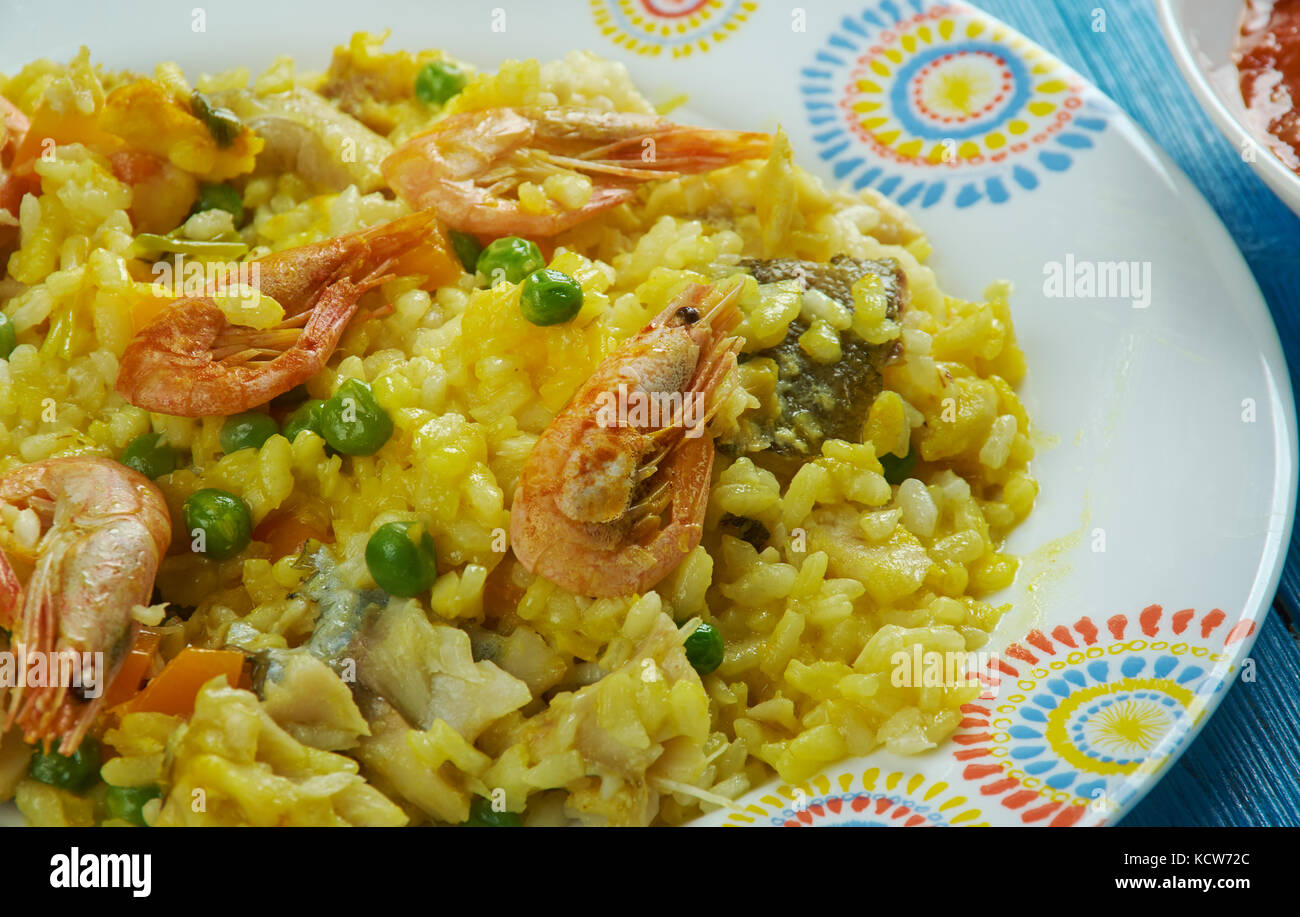 Mediterranean cuisine. Paella Valenciana with seafood , Top view Stock