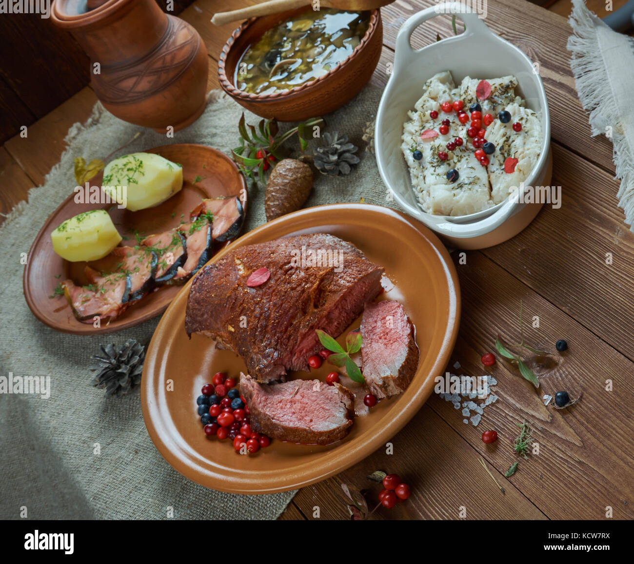 Scandinavian cuisine. Poronkaristys  Finnish venison;  Top view. Northern European  food Stock Photo