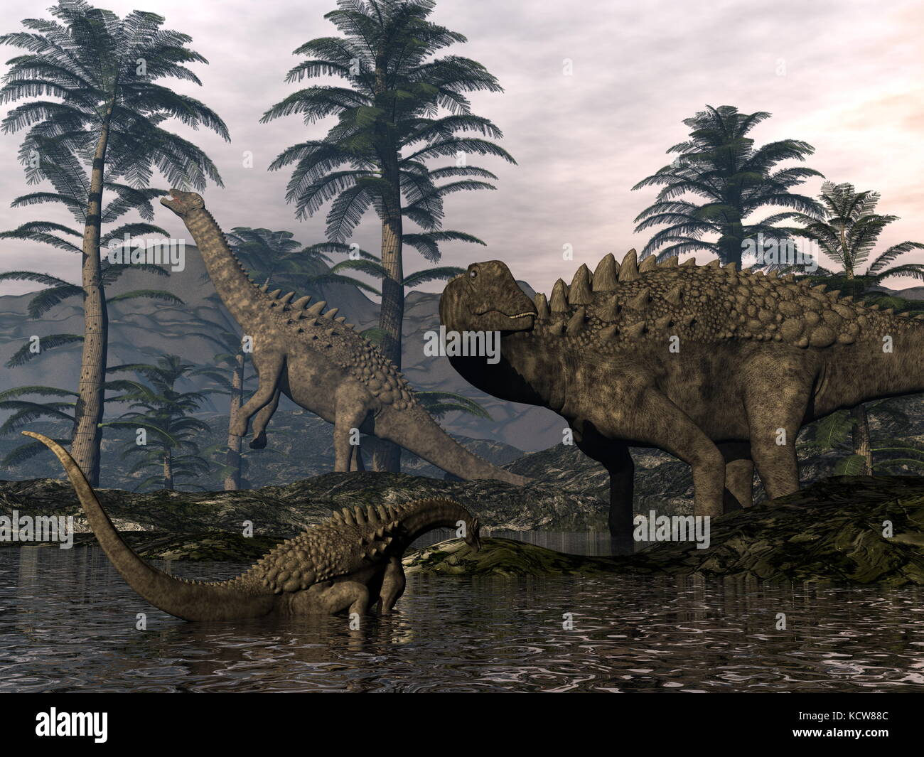 Ampelosaurus dinosaurs family walking among cordaites trees - 3D render Stock Photo