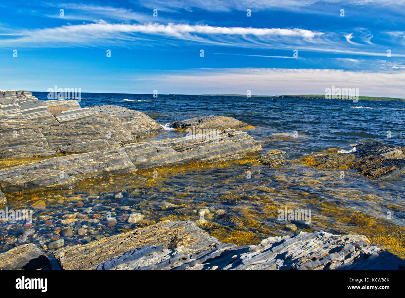 Rocky landscape on the Atlantic Ocean, Blue Rocks, Nova Scotia, Canada Stock Photo