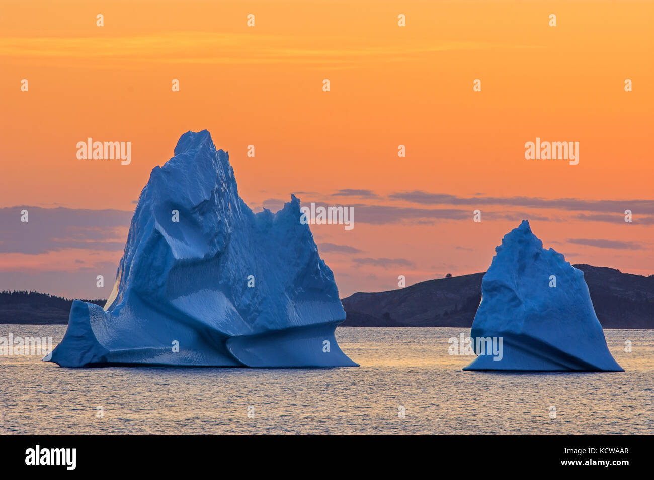 Icebergs in the Atlantic Ocean (Bonavista Bay ) at sunset, Eastport, Newfoundland & Labrador, Canada Stock Photo