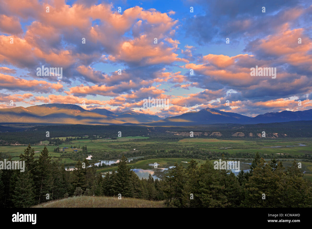 Looking west across the Columbia Valley to the Purcell Mountains at sunrise, Radium, British Columbia, Canada Stock Photo