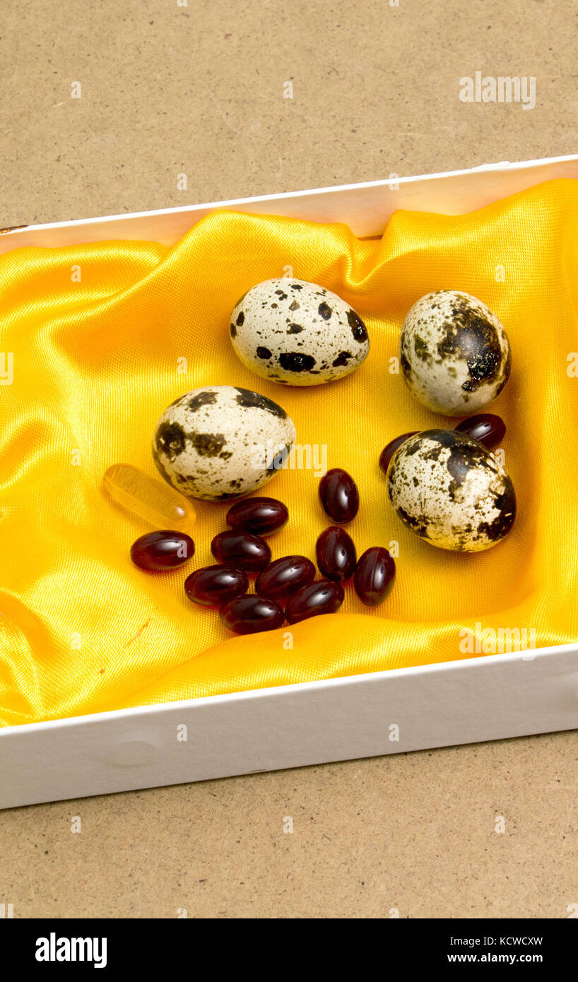 japanese quail eggs and omega 3 capsules ,food and health concept Stock