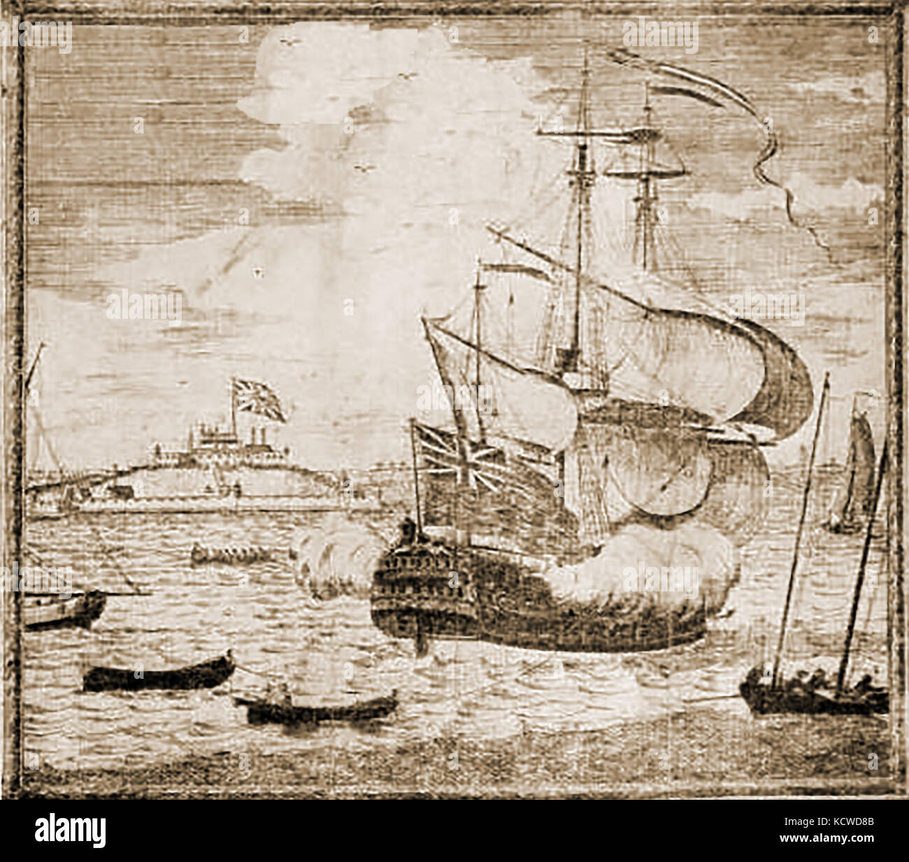 A view of Castle William, Boston Harbour USA 1729 with a sailing ship of the time in the foreground Stock Photo