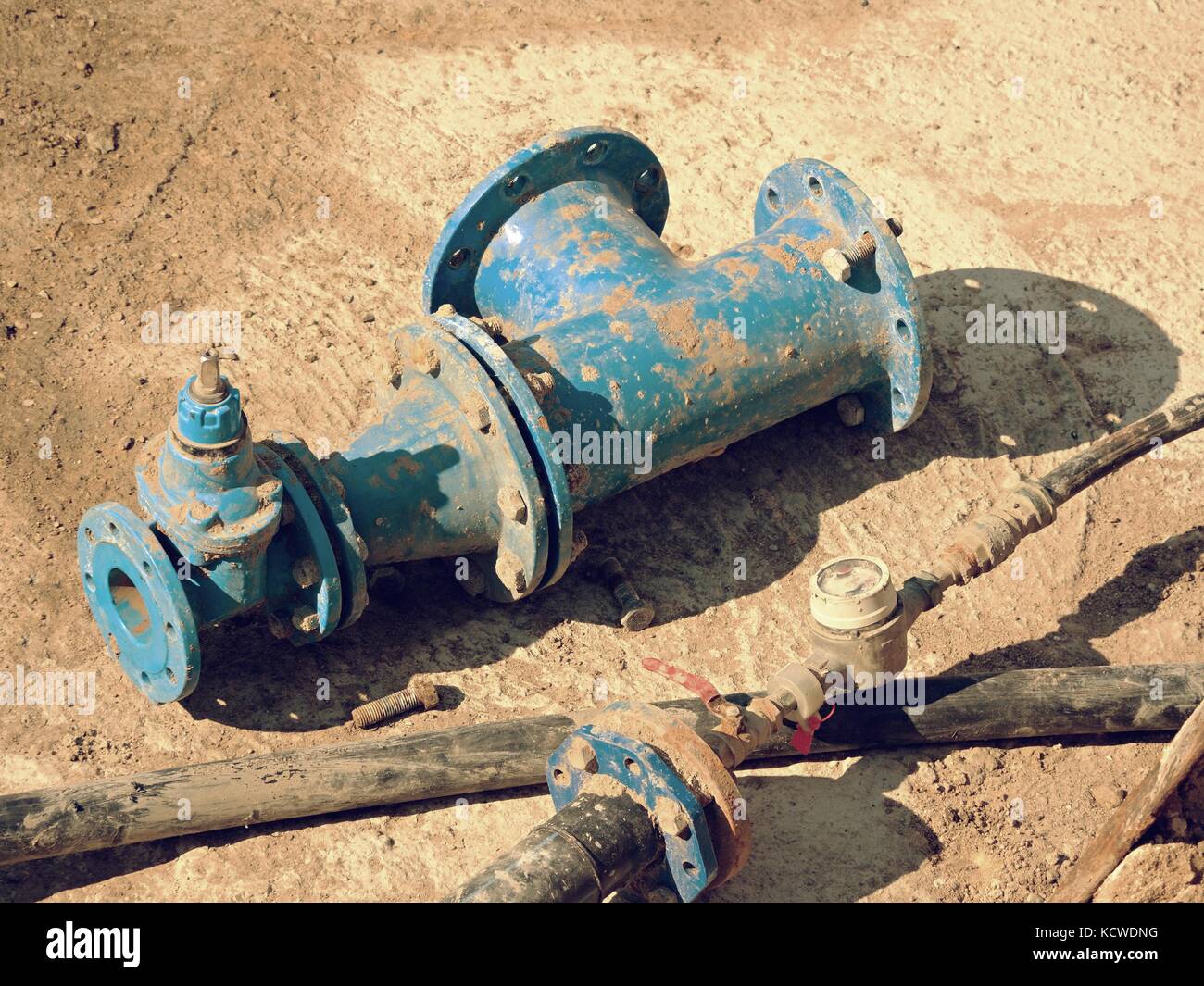 Old drink water pipes, used blue gate valve and reduction joint members