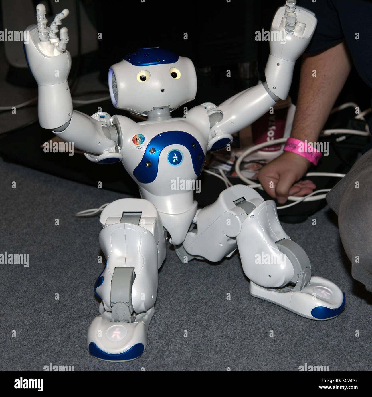 Nao, an autonomous, programmable humanoid robot, entertaining children at New Scientist Live 2017 Stock Photo