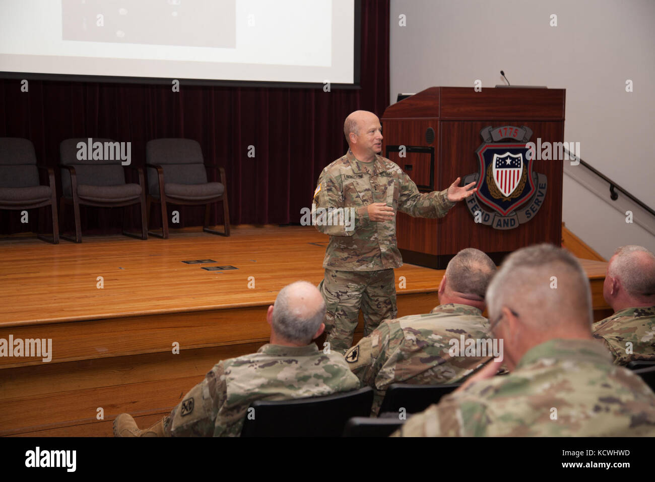 U.S. Army Maj. Gen. Robert E. Livingston, Jr., Adjutant General for South Carolina, offers closing remarks to South Carolina National Guard leaders at the conclusion of the TAG Leader’s Call 16 at the Soldier Support Institute on Fort Jackson in Columbia, South Carolina, Sept. 24-25, 2016. The annual Leader’s Call is a forum for South Carolina National Guard leaders to share successes and challenges, communicate concerns and issues, and provide clear feedback to senior leadership. (U.S. Army National Guard photo by Capt. Brian Hare) Stock Photo