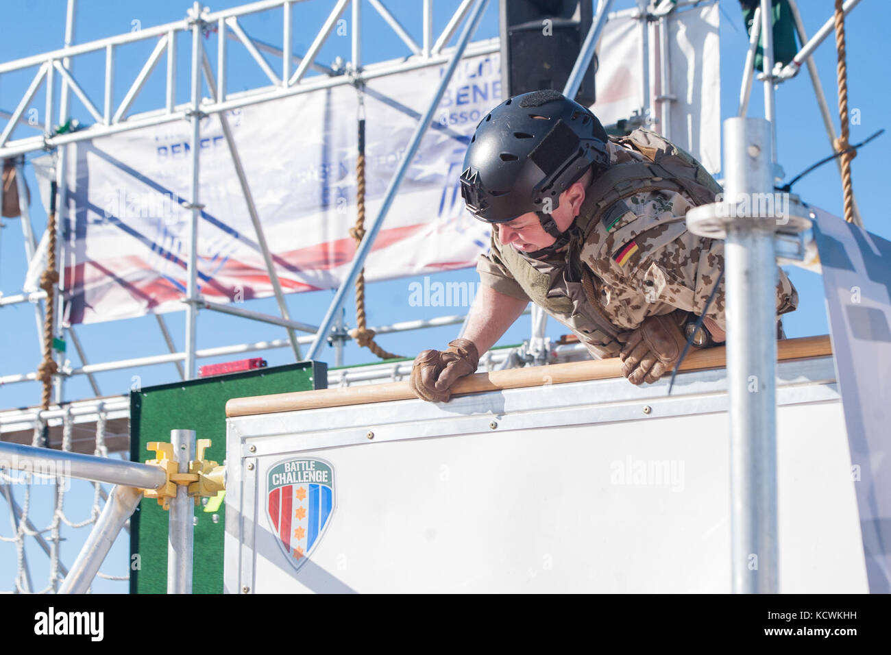 The South Carolina National Guard hosted its first “Battle Challenge” at McCrady Training Center in Eastover, South Carolina, Jan. 28-31, 2017. The Battle Challenge is a mobile obstacle course requiring participants to perform nine tasks under pressure of time, including a cargo net climb, a knotted rope descent, wall surmount, ammunition resupply, low crawl, gas can carry, marksmanship tasks, and a service member-down rescue. The event was open to all military service members, law enforcement, first responders, firefighters, protective services and their 18 and older family members. Stock Photo