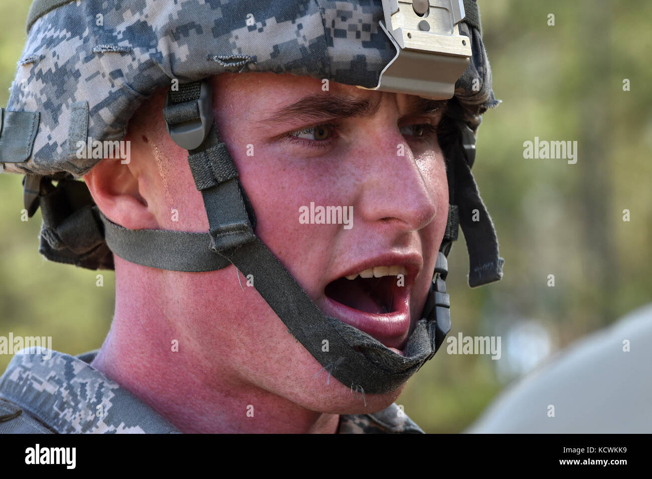 South Carolina Air National Guard Senior Airman Matthew Turner, a fire team member with the 169th Fighter Wing, recites the Airman's Creed during the 2017 Best Warrior Competition at McCrady Training Center in Eastover, S.C., Jan 29, 2017. The five-day event consisted of a road march, physical fitness test, and weapons qualification events, among others. Participants competed as individuals with an enlisted and non-commissioned officer winner being announced Feb. 1, 2017. (U.S Air Force Photo by Staff Sgt. Logan Carlson) Stock Photo