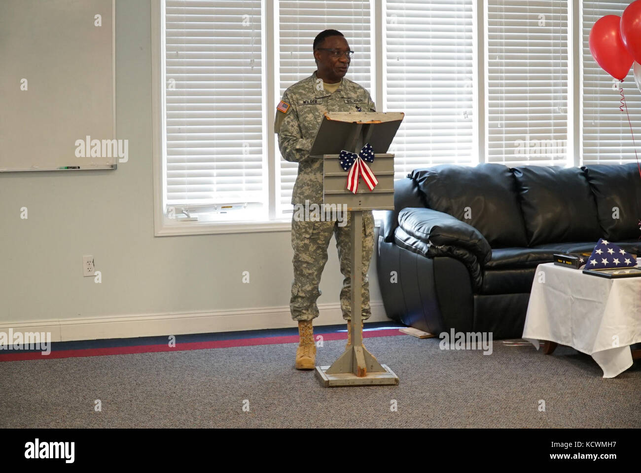 U.S. Army Master Sgt. Theodore Wilder speaks as the South Carolina National Guard recognizes his 37 years of service during a retirement ceremony at McCrady Training Center in Eastover, South Carolina, March 9, 2017. Stock Photo