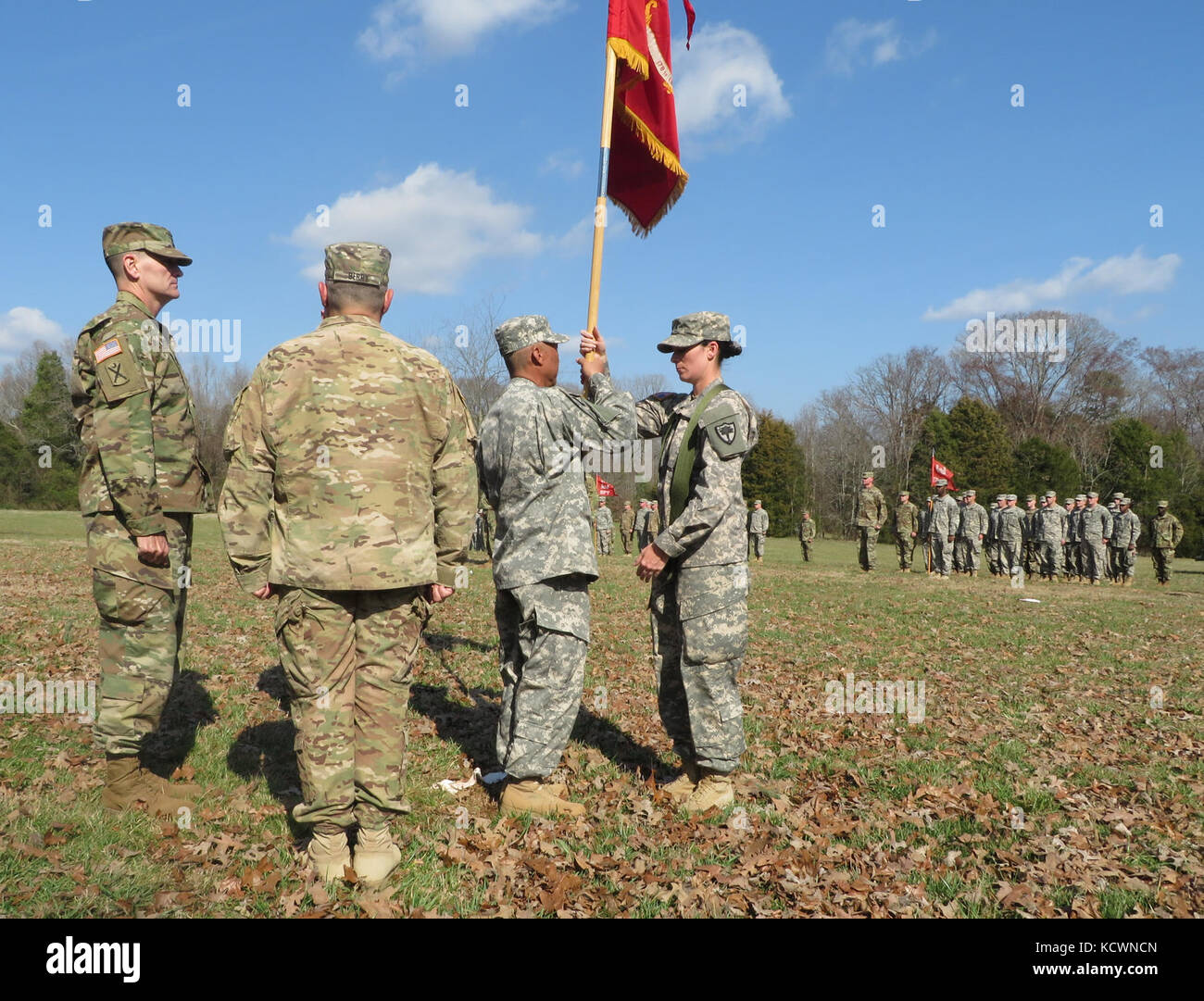 The South Carolina Army National Guard’s 178th Engineer Battalion conducted a change of command ceremony at the Brattonsville Historic District in McConnells, South Carolina, Feb. 12, 2017. The outgoing commander Lt. Col. Kevin Berry relinquished command to Lt. Col. Dwight Hanks Jr. Stock Photo