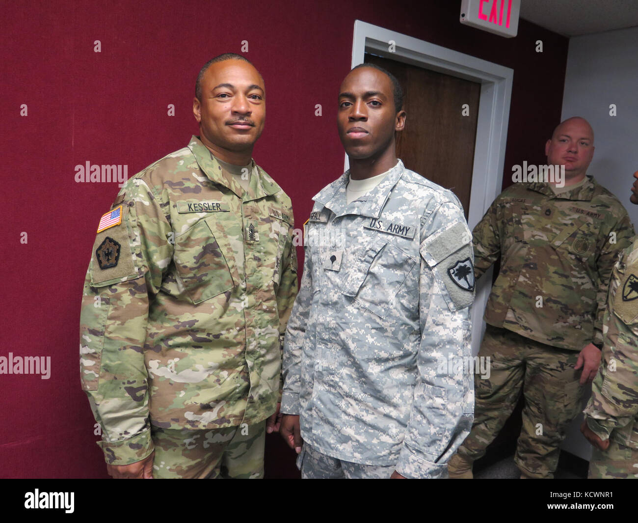 Soldiers graduated from the South Carolina National Guard Recruit Sustainment Program in a battle hand-off ceremony at The Adjutant General auditorium  in Columbia, South Carolina Aug. 20, 2016.  The RSP helps prepare recruits both physically and mentally for the training that they will undergo during Basic Combat Training and Advanced Individual Training. The battle hand-off ceremony releases the Soldiers from RSP and officially welcomes them to their new units.  Brigade representatives attend the monthly ceremony and present Soldiers joining their brigade with the unit patch. Each representa Stock Photo