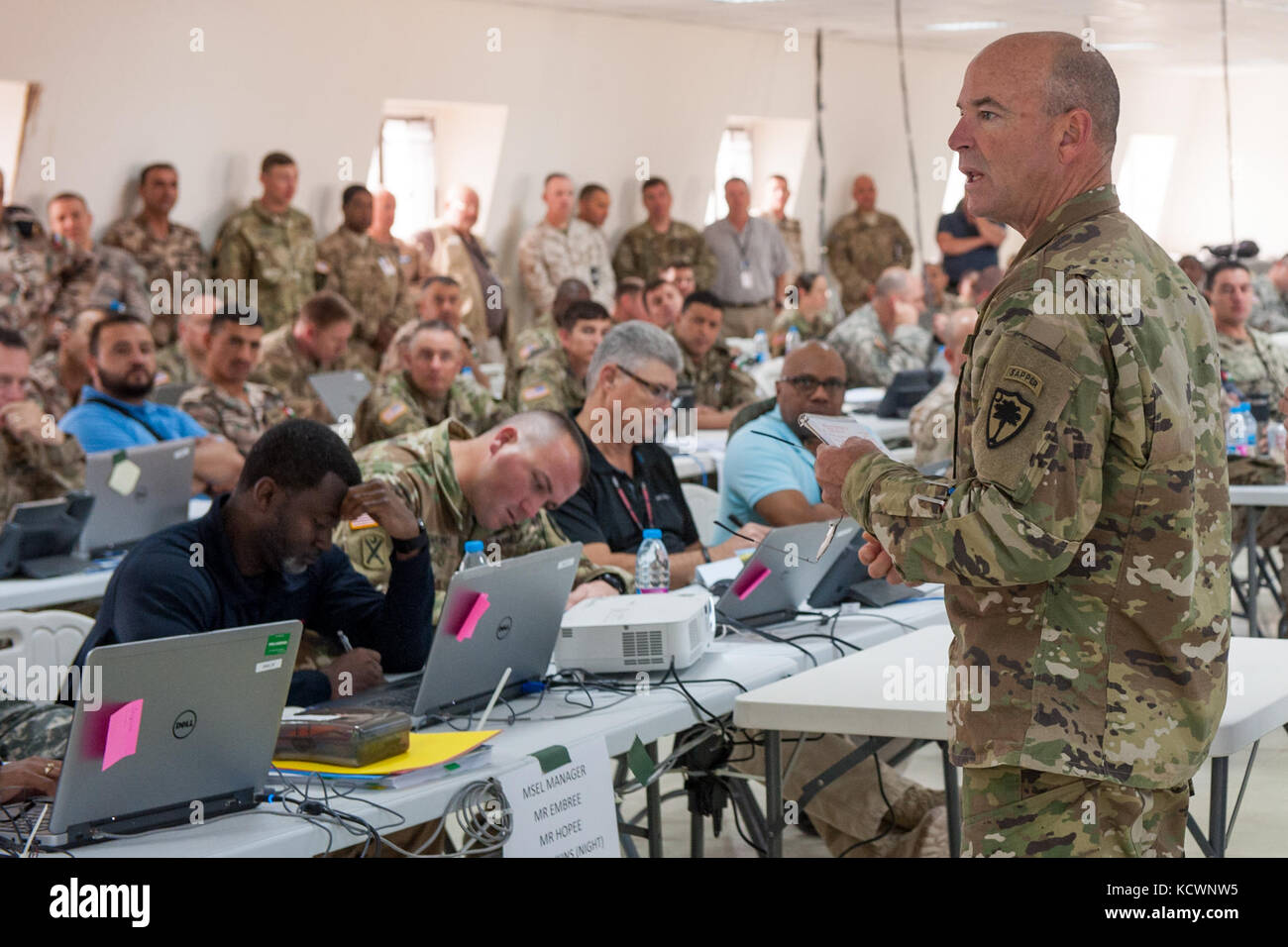 U.S. Army Brig. Gen. Brad Owens, Eager Lion 16 Higher Control (HICON) deputy director and Combined Forces Headquarters deputy commander, briefs the U.S. and Jordanian Armed Forces HICON staff May 11, 2016, about the importance of working together during the exercise to demonstrate solidarity and readiness. Eager Lion 16 is a bilateral, scenario based exercise with the Hashemite Kingdom of Jordan, designed to exchange military expertise and improve interoperability among partner nations. Owens is the director of joint staff for the South Carolina National Guard. (U.S. Army National Guard photo  Stock Photo