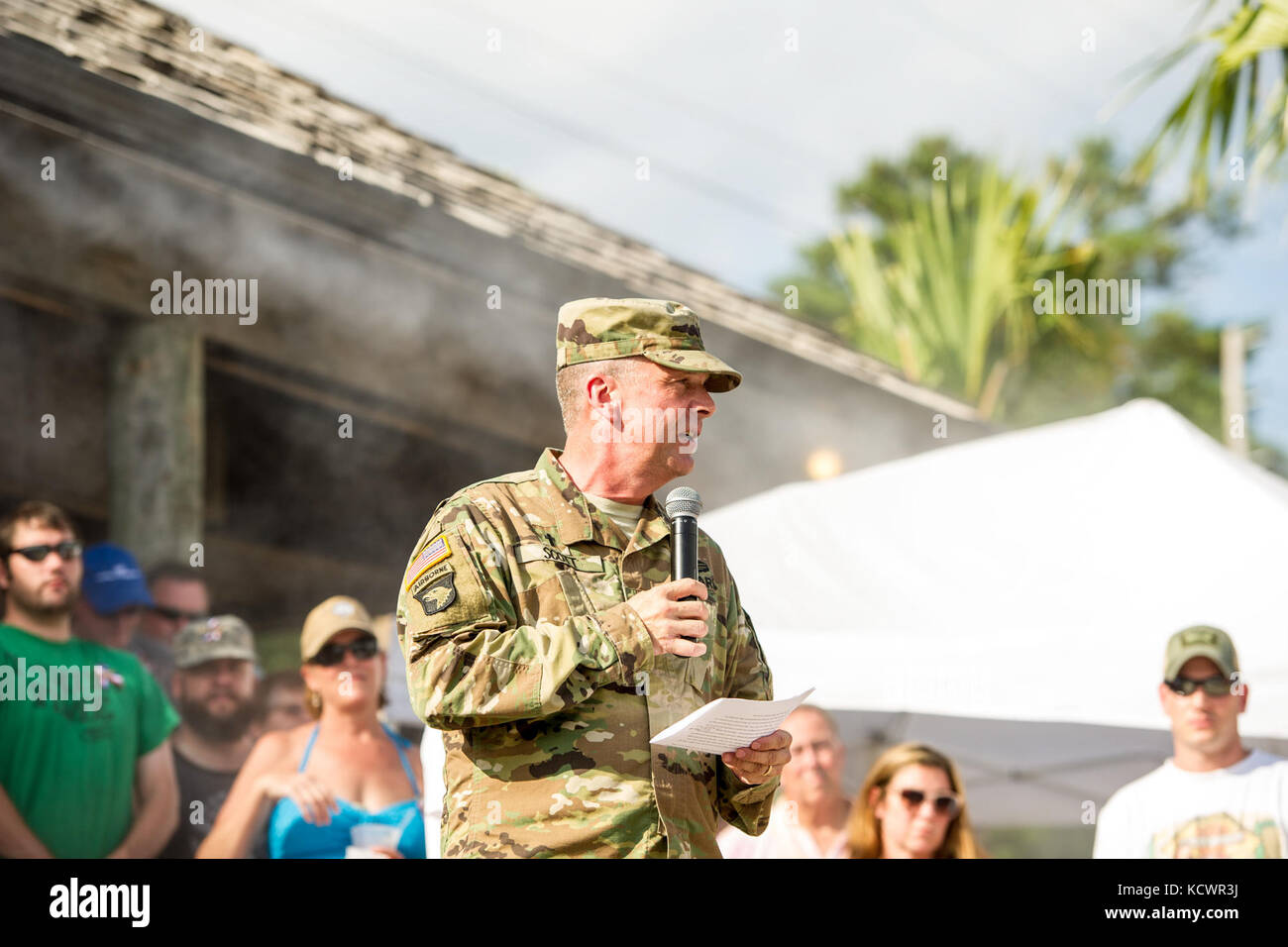 U.S. Army Chaplain Lt. Col. Clyde Scott gives a prayer at the Frayed Knot on Lake Murray, S.C., during a memorial for Army Sgts First Class Charles Judge, Jr., and Jonathon Prins, July 29, 2016.  The two soldiers were killed while attempting to protect a woman who was allegedly being attacked by a gunman. The boat procession was a way to celebrate their lives.  (U.S. Air National Guard photo by Tech. Sgt. Jorge Intriago) Stock Photo