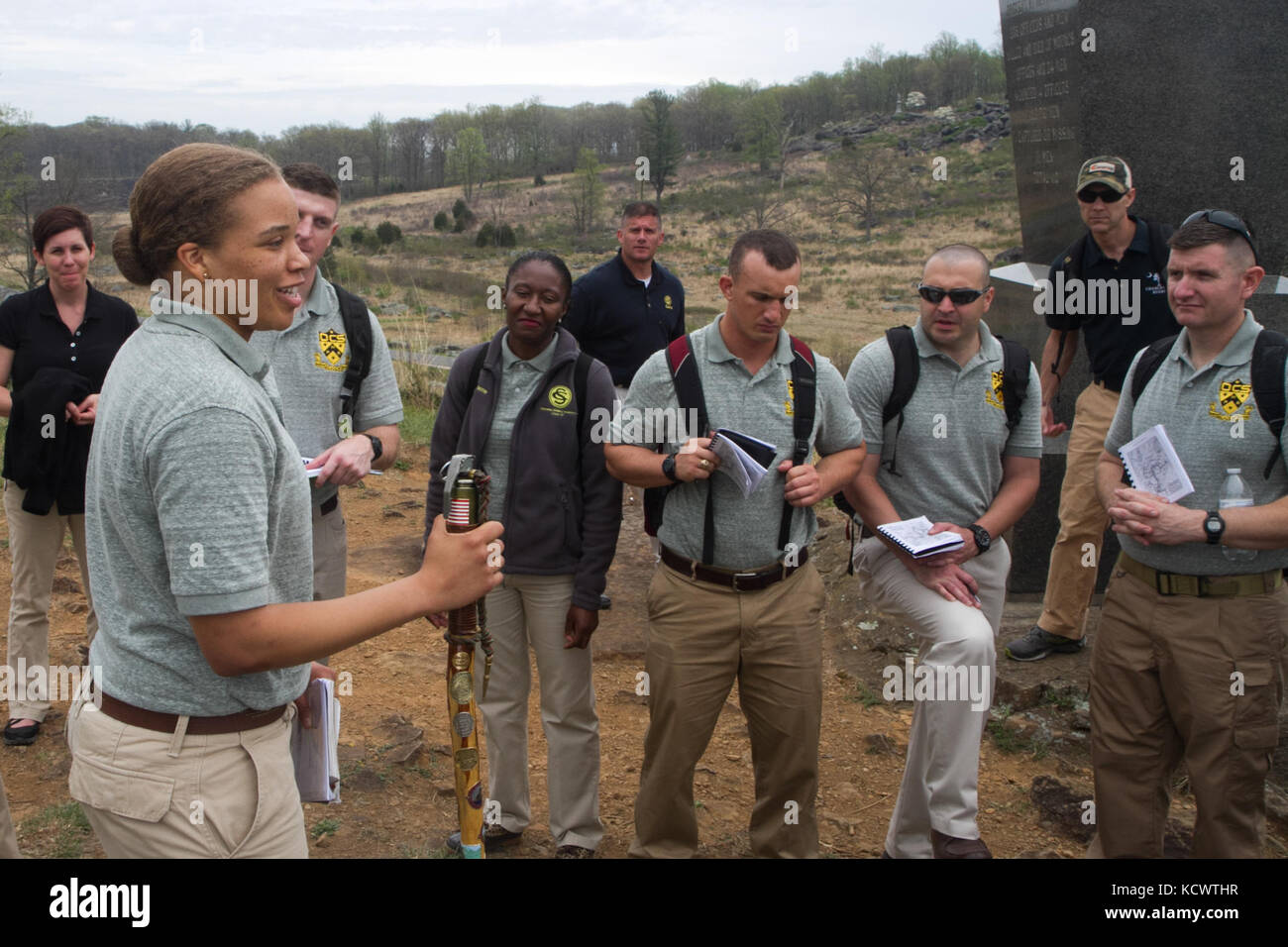The South Carolina National Guard Palmetto Military Academy Class 67 conducts its annual trip to Gettysburg, P.A. during April 2016. During the trip, candidates develop leadership skills and learn battlefield tactics. The candidates and staff were joined by both PMA graduates and leadership including Col. Jeff Jones,  LTC Renita Berry, LTC Hardy Paschal, LTC Rob Stillwell, and Maj. Mark Berube (U.S. Army photo by Sgt. Tashera Pravato/Released) Stock Photo