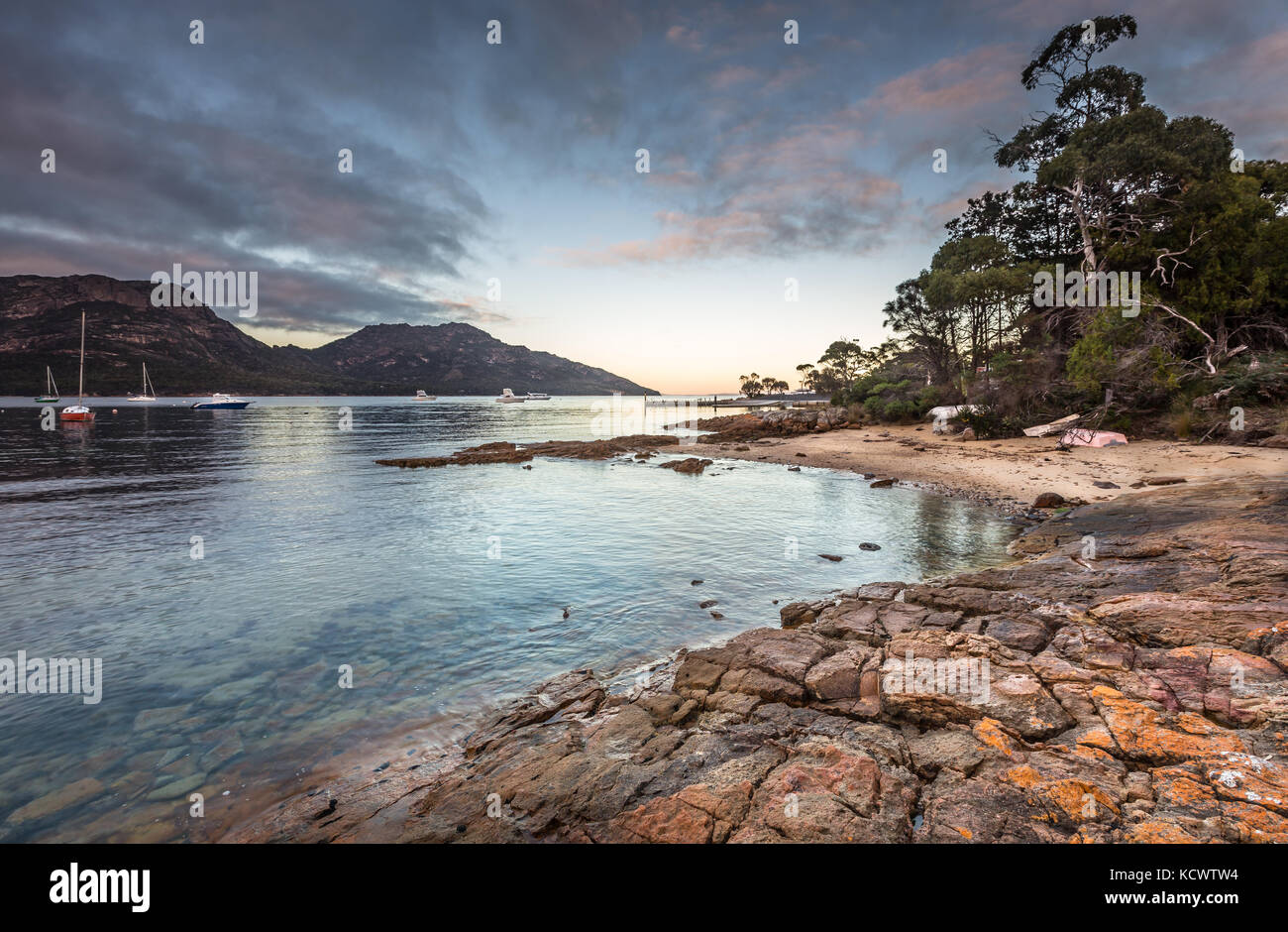 Coles Bay in National Park, Tasmania at sunrise Stock Photo