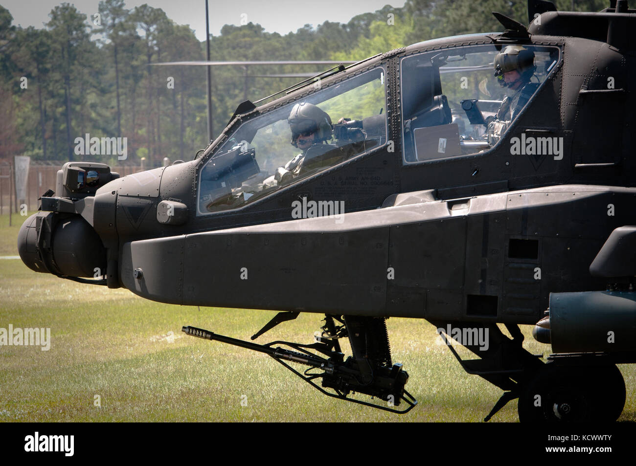 South Carolina Army National Guard AH-64D Apache helicopters from the 1-151st Attack and Reconnaissance Battalion, S.C Army National Guard, perform pre-AT gunnery training at Ft. Stewart, Ga., April 19, 2016. (U.S. Army National Guard Photo by Staff Sgt. Roby Di Giovine/Released) Stock Photo