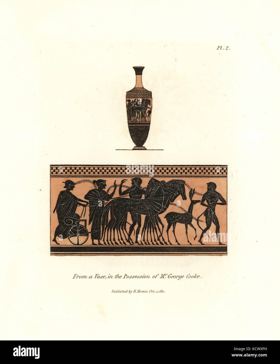 Ancient vase in the possession of Mr. George Cooke. Vase in red clay with black design of men with quadriga four-horse chariot and deer. Handcoloured copperplate engraving by Henry Moses from A Collection of Antique Vases, Altars, etc., London, 1814. Stock Photo