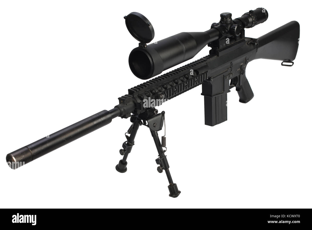 sniper rifle with bipod and supressor isolated on a white background ...
