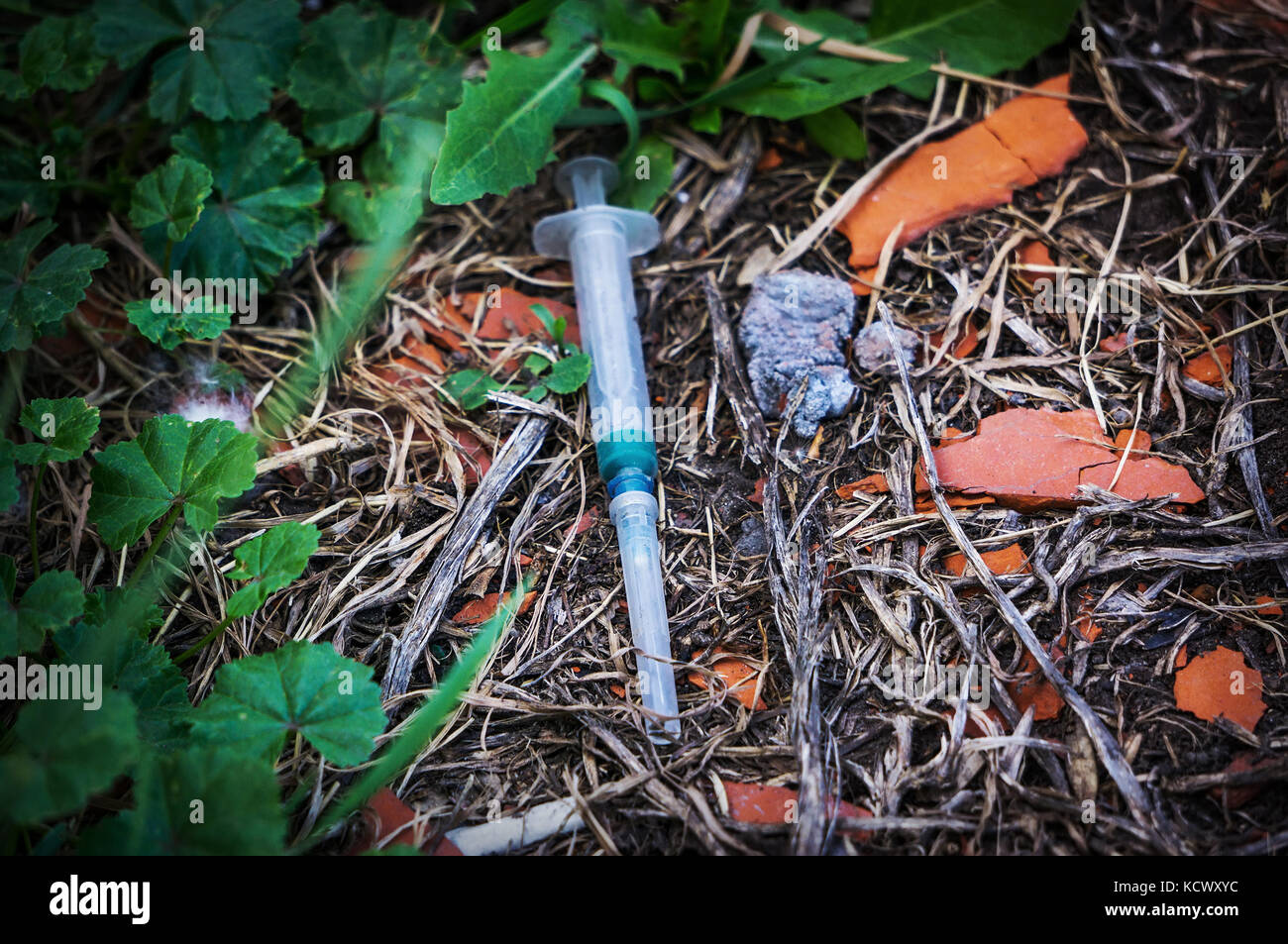 A used syringe was lying on the ground. The addict threw the syringe in