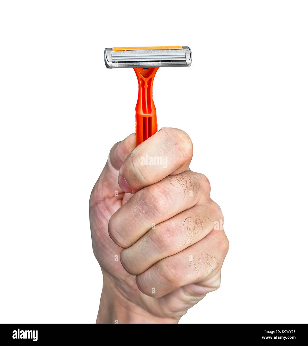 disposable razor orange color in a human hand isolated on white background Stock Photo Alamy