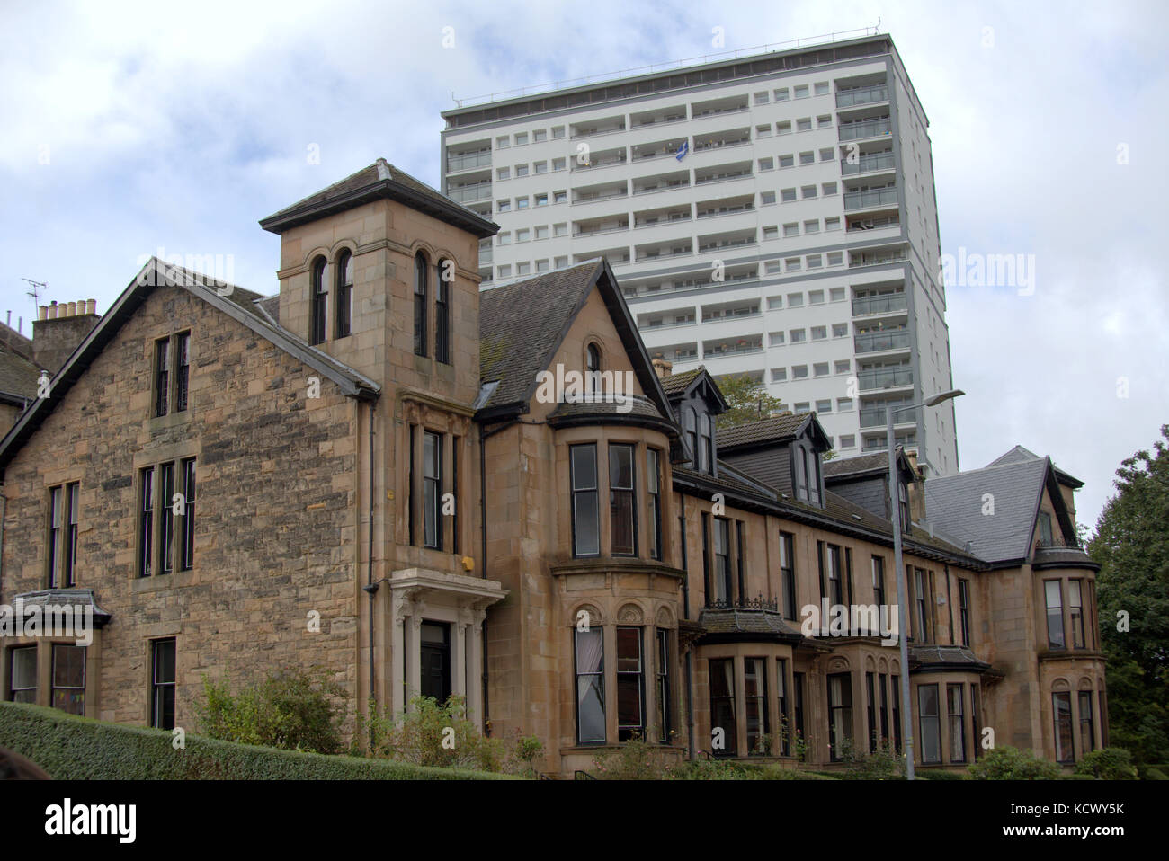 housing contrasts Victorian terraced villas and public sector council high rise broomhill drive Glasgow Stock Photo