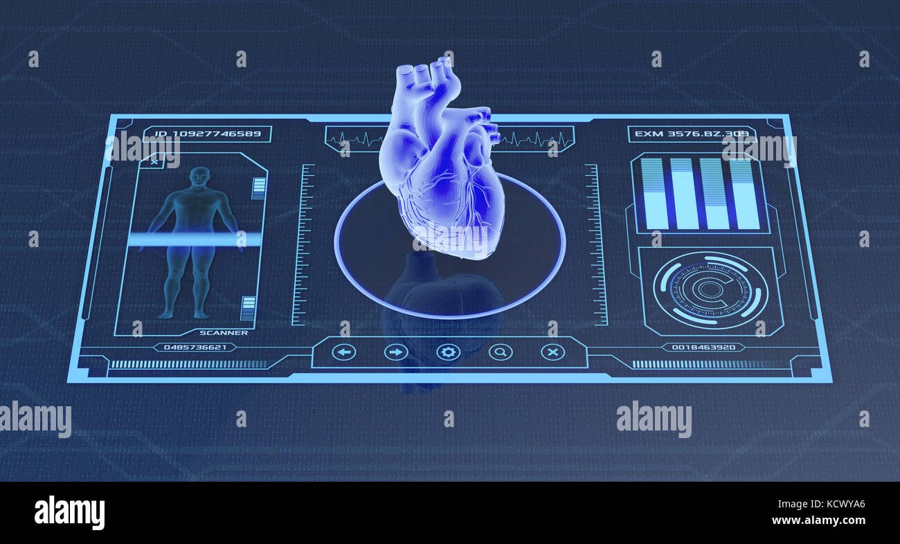 futuristic app interface for medical and scientific purpose - human heart scanner (3d render) Stock Photo