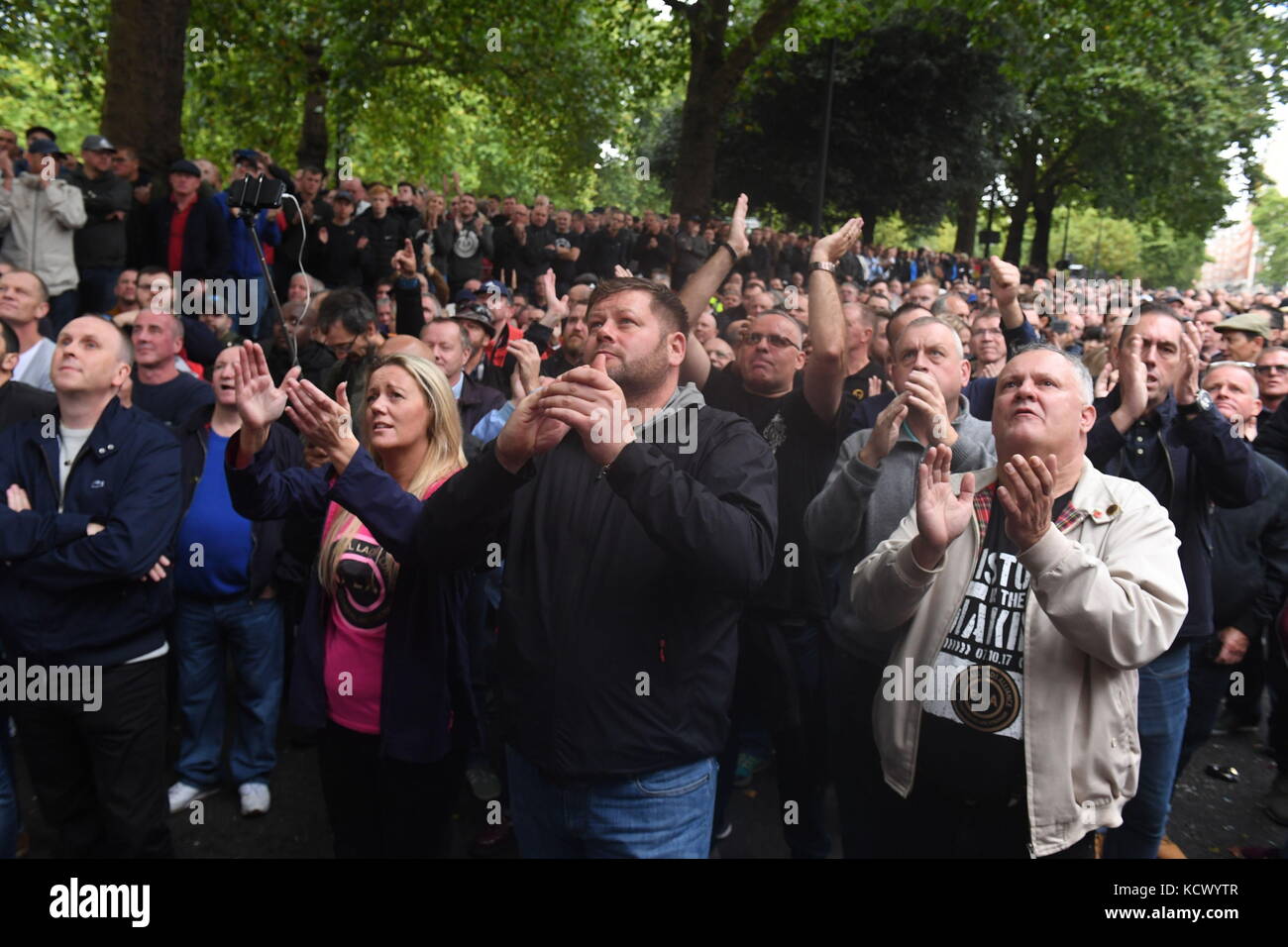 Members of the anti-extremist group Football Lads Alliance (FLA) and football fanbases from across the country gathered on London's Park Lane in demonstration against extremism, closing the five-lane carriageway to its usual throng of vehicles. Stock Photo