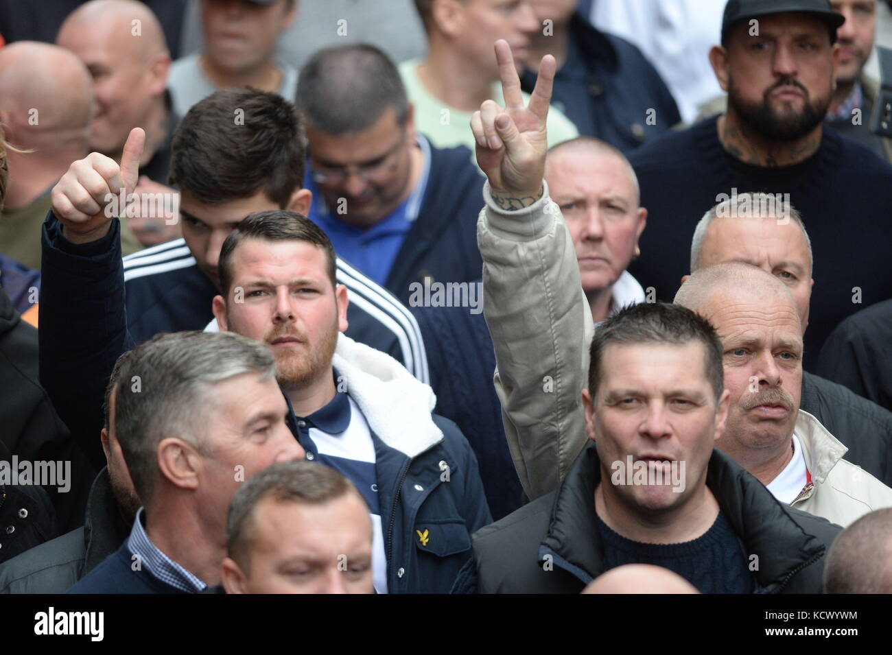 Members of the anti-extremist group Football Lads Alliance (FLA) and football fanbases from across the country gathered on London's Park Lane in demonstration against extremism, closing the five-lane carriageway to its usual throng of vehicles. Stock Photo